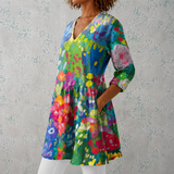 Maëlle | Blouse longue en lin avec motif floral aquarelle